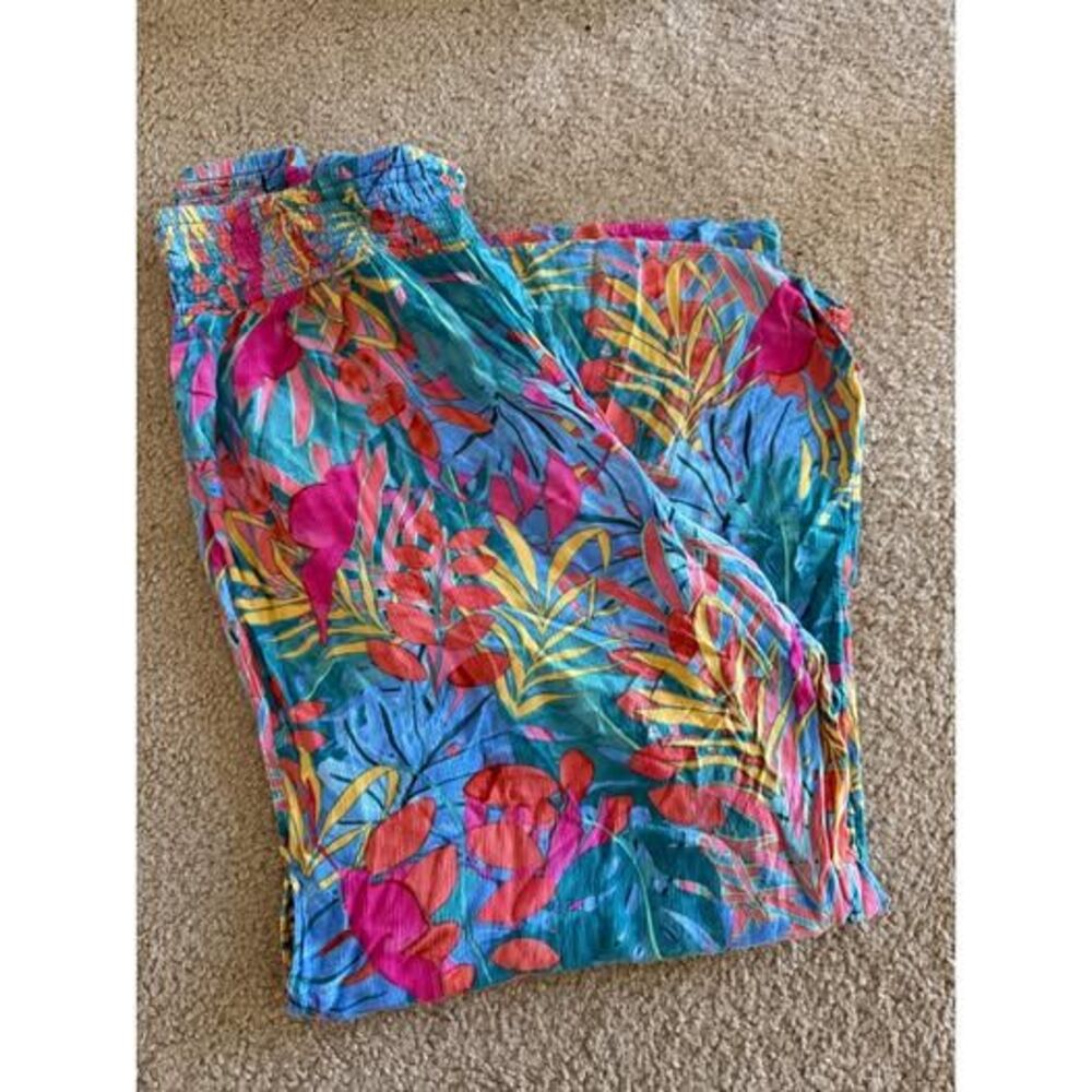 142. Kona Sol Wide leg pants Tropical Print Smocked waist XL - Picture 2 of 4